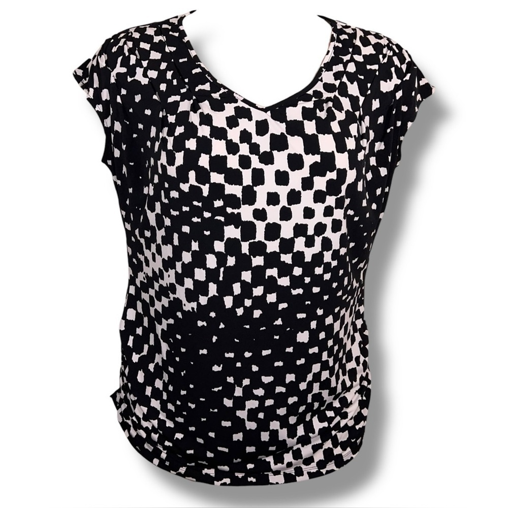 XL Worthington Black White Short Sleeve Blouse Top Stretch Vneck